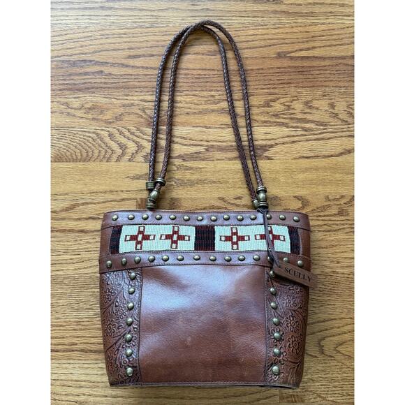 Vtg Scully Brown Tooled Beaded Leather Shoulder Bucket Bag Purse Western Boho - Picture 1 of 11